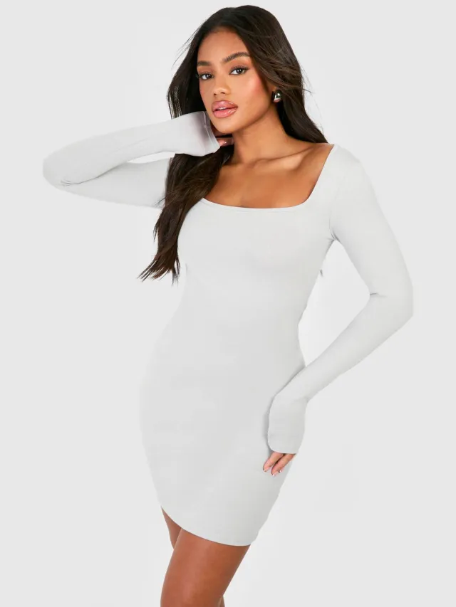 boohoo Dames Square Neck Modal Long Sleeve Bodycon Dress Grijs
