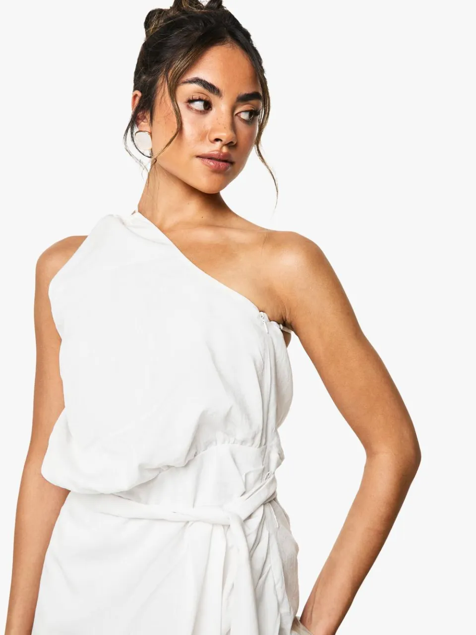 boohoo Dames Linnenlook Wikkel Detail Mini Jurk wit, foto 4