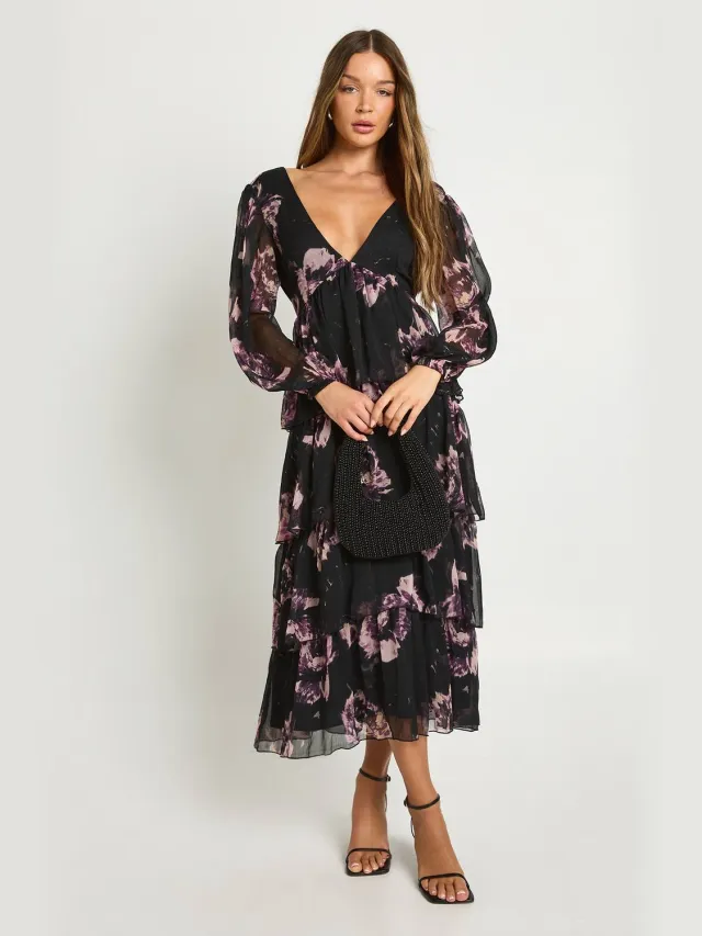 boohoo Dames Florale Chiffon Midaxi-jurk met diepe V-hals en ruches Zwart