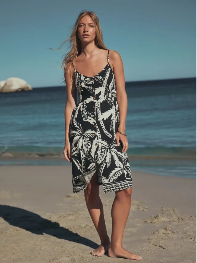 Next Dames - Halflange jersey jurk met knoopsluiting - Zwart Black/White Palm Print