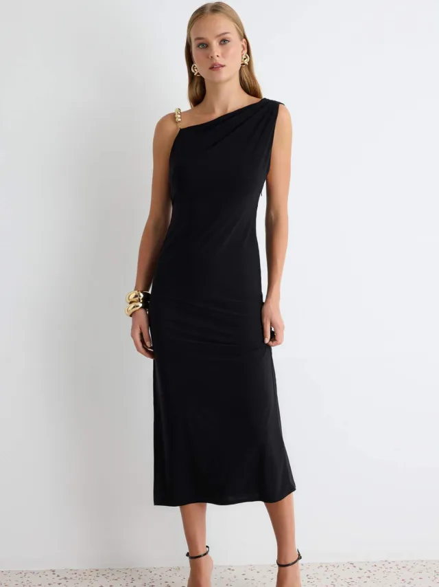 Trendyol TRENDYOLMİLLA Dames Zwart Effen Maxi Mouwloos Recht Avond & Gala Jurk