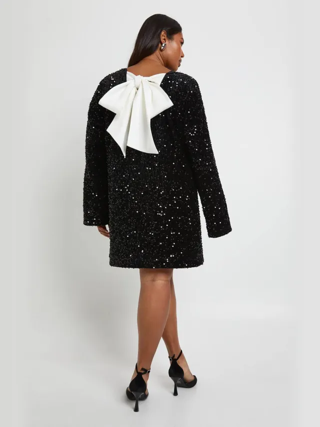 boohoo Dames Plus pailletten fluwelen shiftjurk met strik op de rug Zwart