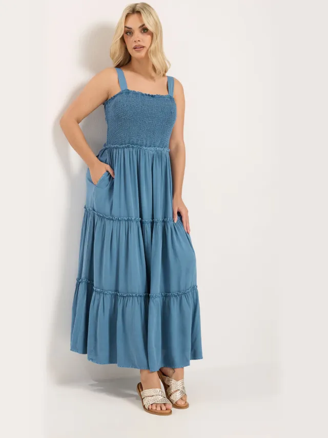 Yours Blauwe Chambray Maxijurk Met Gesmokte Bandjes Blue