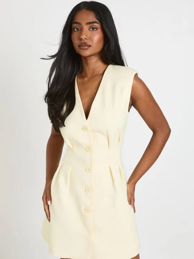 boohoo Dames Kraagloze Getailleerde Mini Jurk Citroen