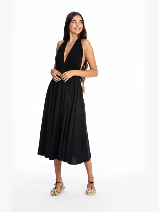 RAVENS VIEW IBIZA dames vegan Maxi Jurk Marilyn Zwart