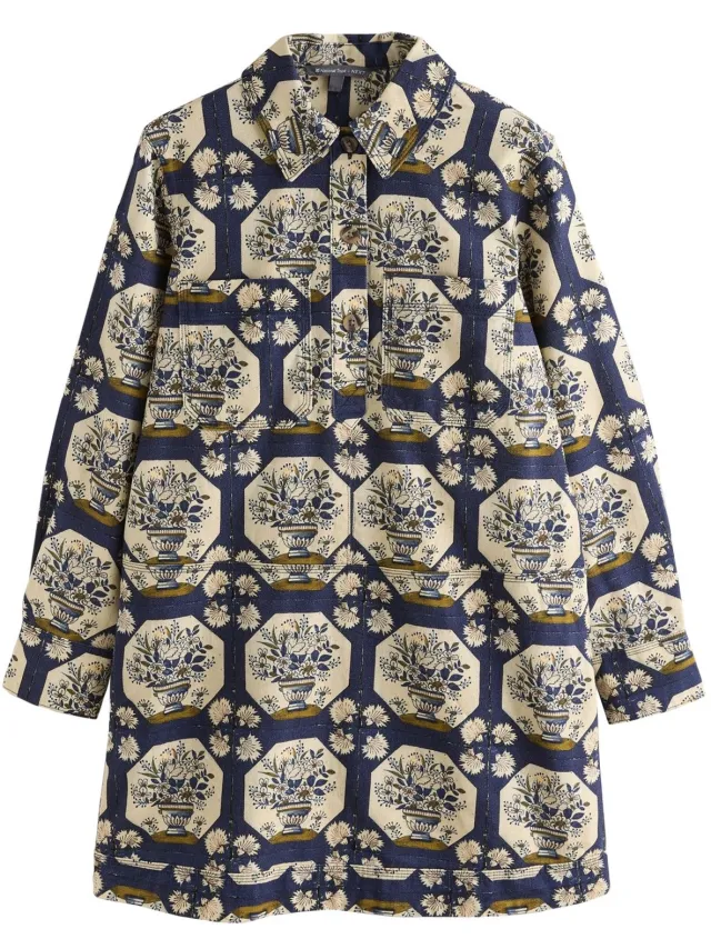 Next Dames - Mini-jurk van keperstof met lange mouwen - Tall - Blauw Blue Print National Trust X Next