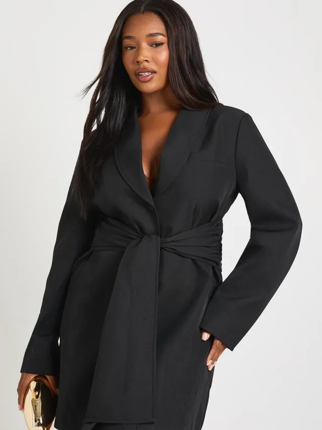 boohoo Dames Plus Tie Waist Obi Blazer Jurk Zwart