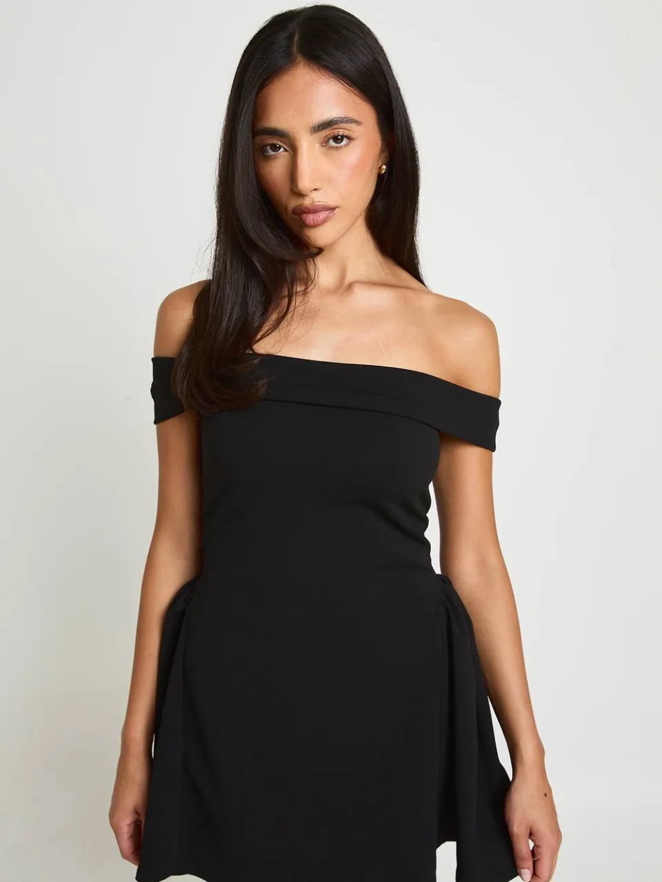 boohoo Dames Bardot Mini-jurk Met Volle Rok In Jersey Crepe zwart, foto 3