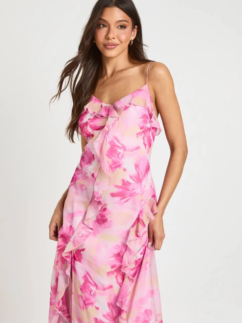 boohoo Dames Chiffon Maxi Jurk Met Bloemenprint En Ruches Detail roze, foto 3