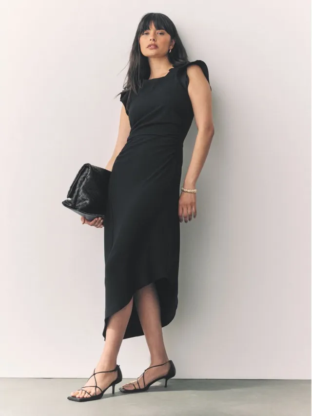 Next Dames - Midi-jurk met ruches en korte mouwen - Zwart Black