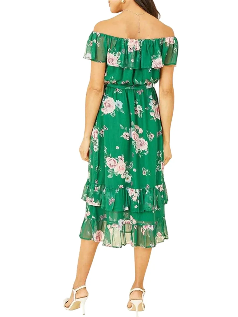 Yumi Midi-jurk met bloemenprint en blote schouders voor dames (Groen)