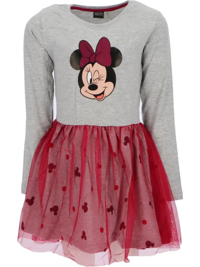 Disney Minnie Mouse Jurk - Lange Mouw - Tule - Grijs/Cerise