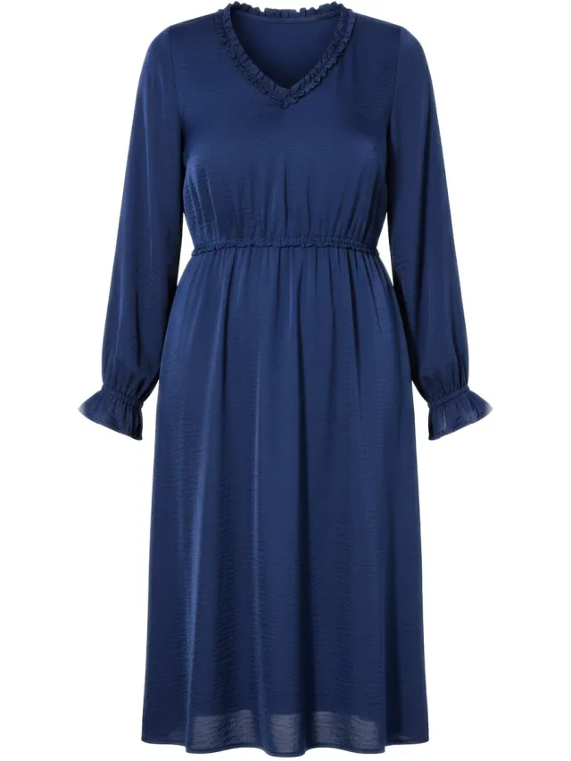 Studio Untold Dames - Midi-jurk A-lijn volants lange mouwen - Marine - Maat 42+