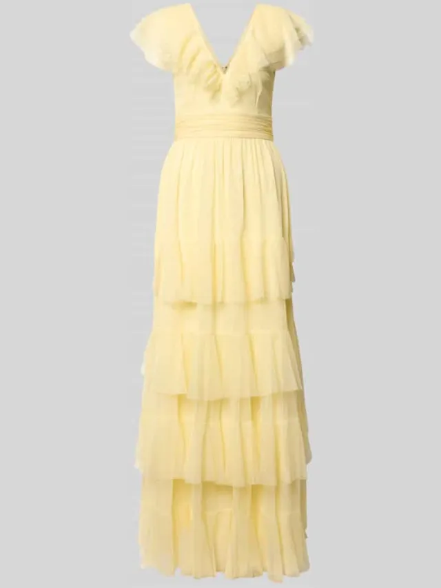 Lace & Beads Maxijurk met V-hals en taillestrik geel, foto 2
