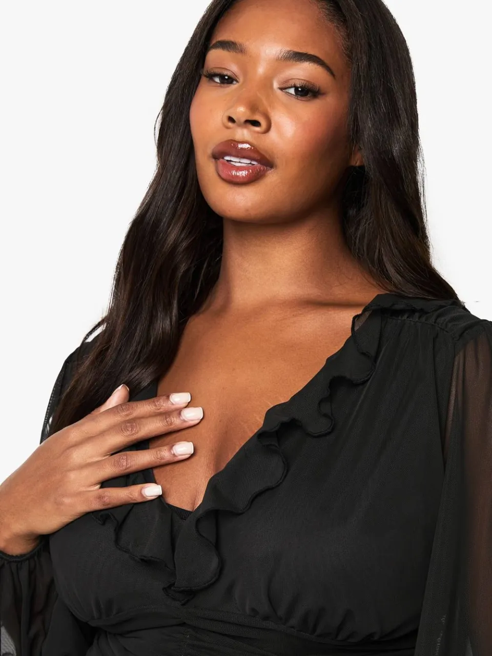 boohoo Dames plus mesh rokjurk met ruches en skaterjurk zwart, foto 4