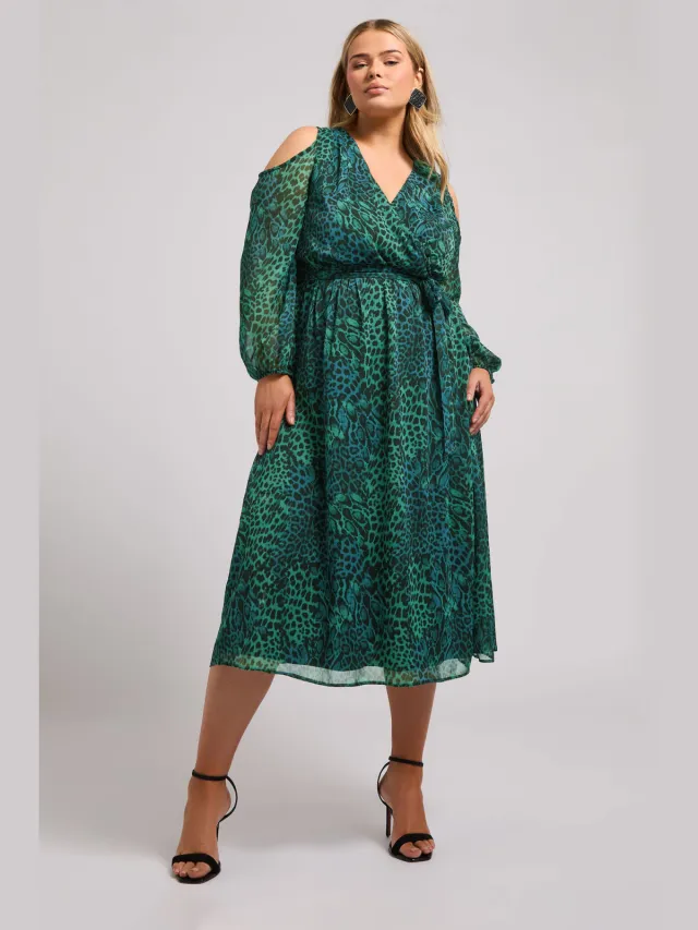 Yours London Midaxijurk Met Omslag, Dierenprint En Blote Schouders In Groen Green