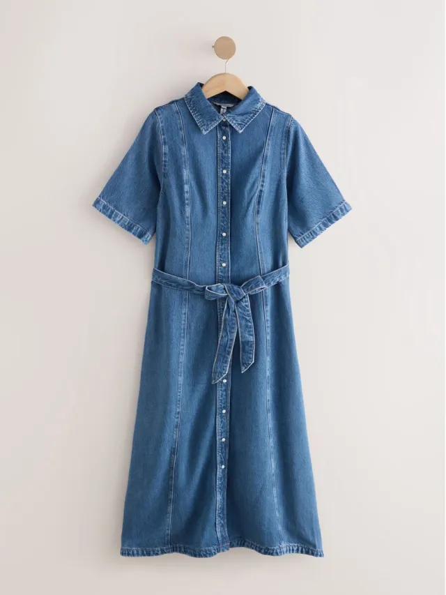 Next Dames - N. Premium maxi-overhemdjurk met korte mouwen - Petite - Blauw Mid Blue