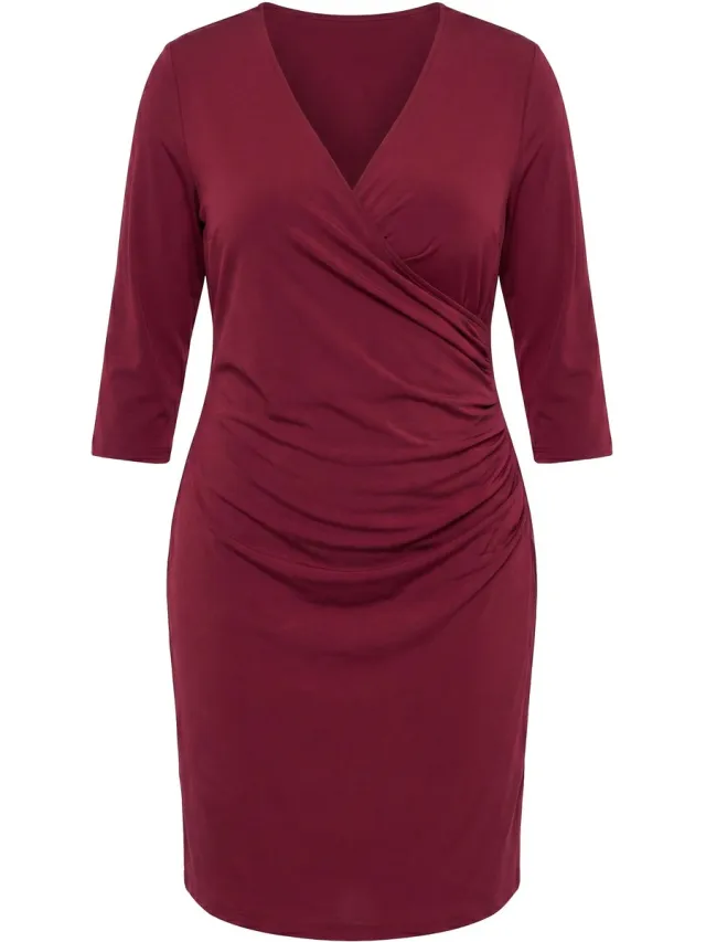 Ulla Popken Dames - Jersey jurk wikkellook V-hals 3/4 mouwen - Donker wijnrood - Maat 66+