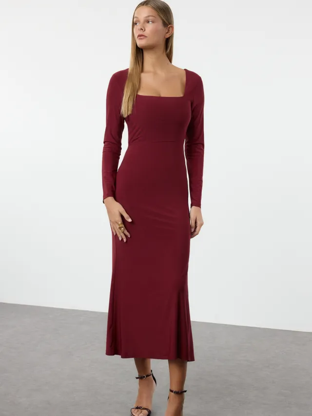 Trendyol TRENDYOLMİLLA Dames Bordeaux Effen Maxi Lang Avond / Dagelijks Bodycon Jurken Bordeauxrood