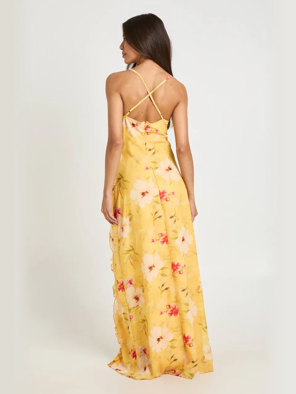 boohoo Dames Chiffon Bloemen Cowl Hals Ruche Detail Maxi Jurk oranje, foto 2