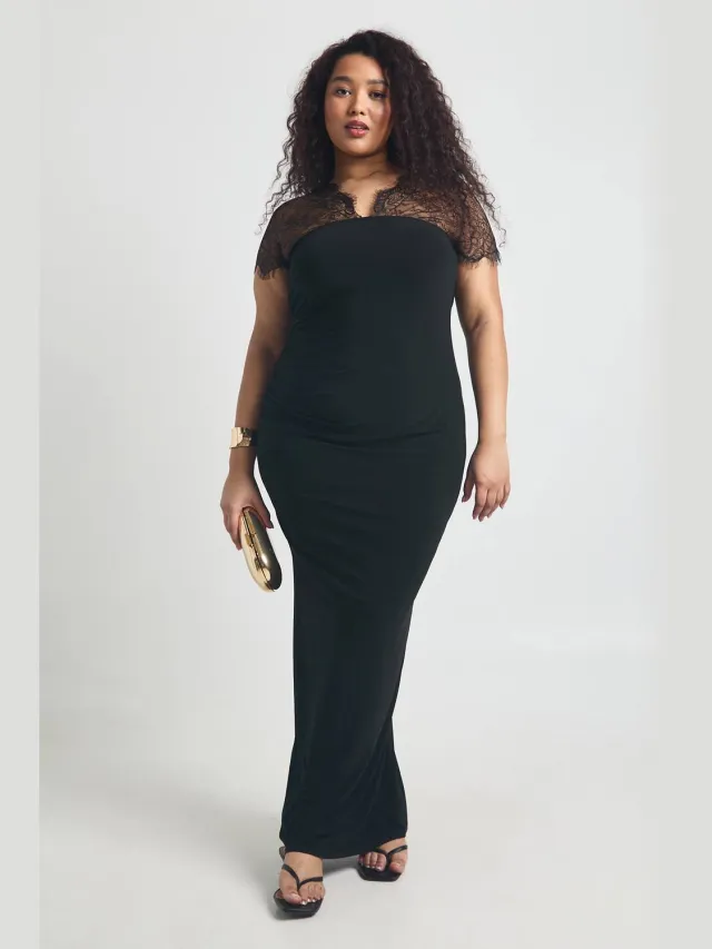 boohoo Dames Plus Kanten Inzet V-hals Maxi Jurk Zwart