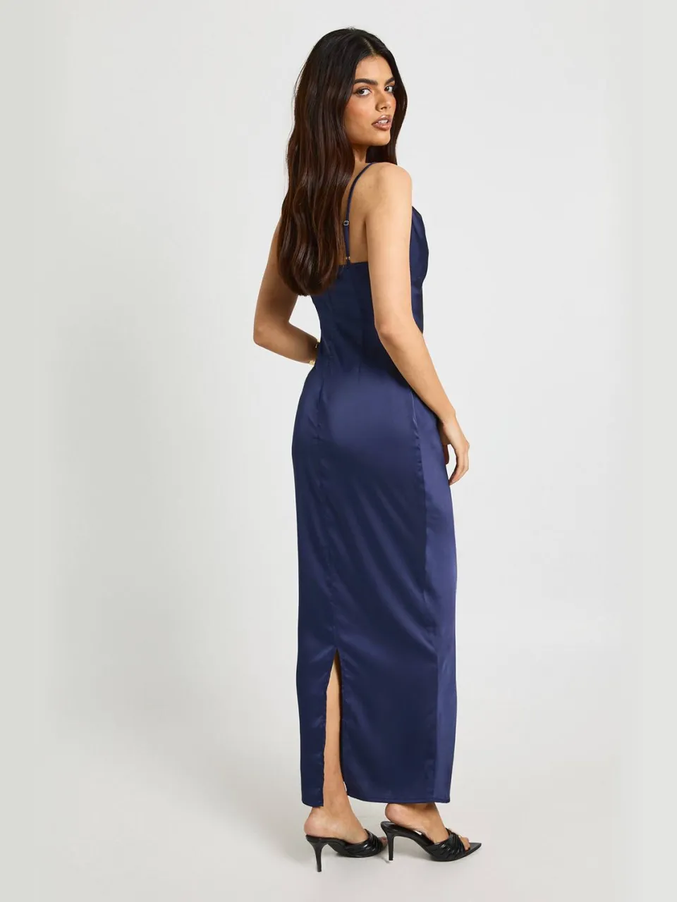 boohoo Dames Satijnkanten maxi slipjurk met cowl-hals midnight blue, foto 2