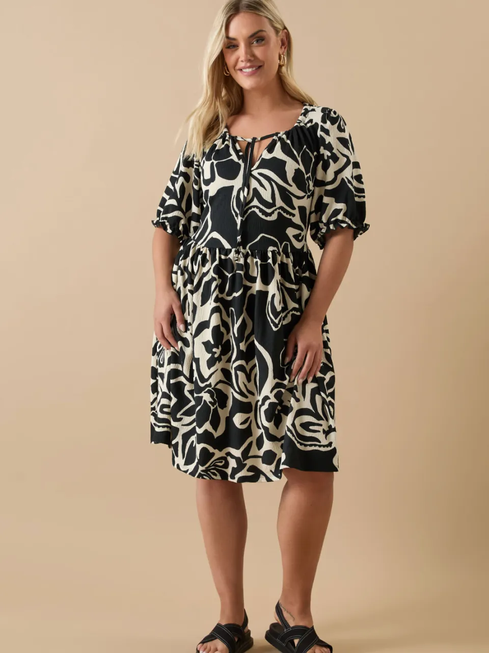 Yours Mini Jurk Met Abstracte Bloemenprint En Striksluiting In Zwart-52, foto 2