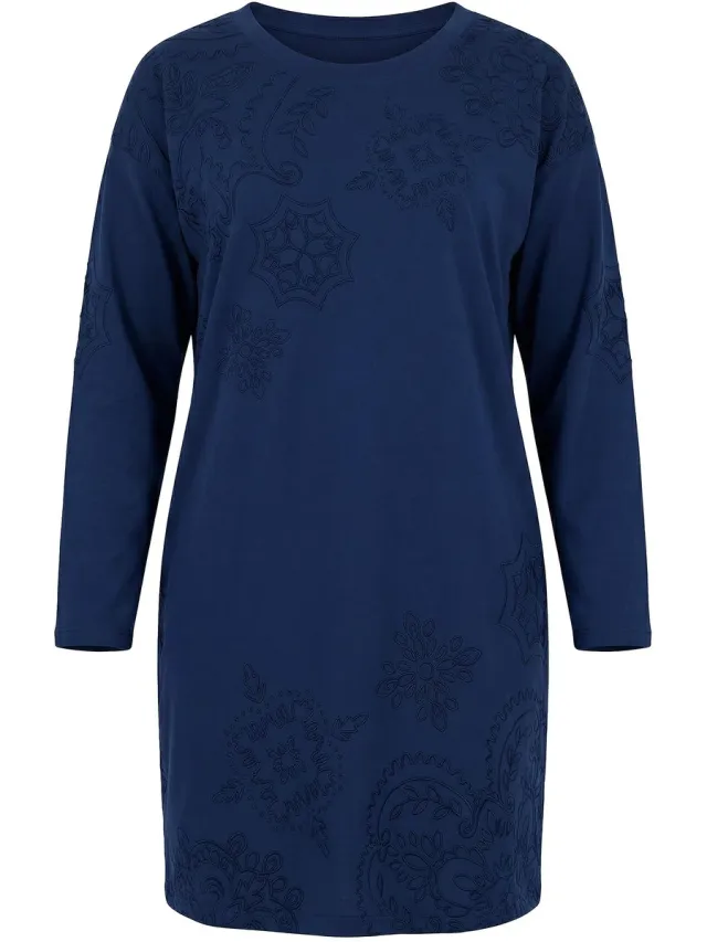 Ulla Popken Dames - Sweatjurk flockprint ronde hals lange mouwen - Inktblauw - Maat 58+