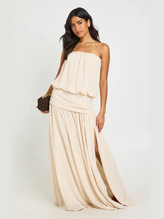 boohoo Dames Chiffon Bandeau Blouson Geplooide Lage Taille Maxi Jurk Zand