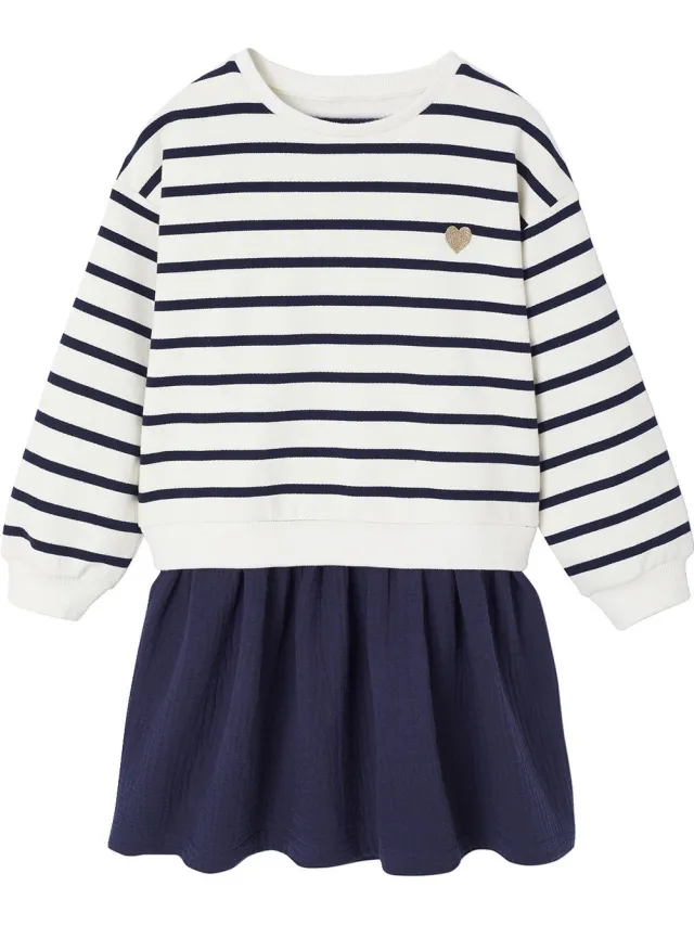vertbaudet Jurk 2-in-1 van molton en katoenen gaas marineblauw