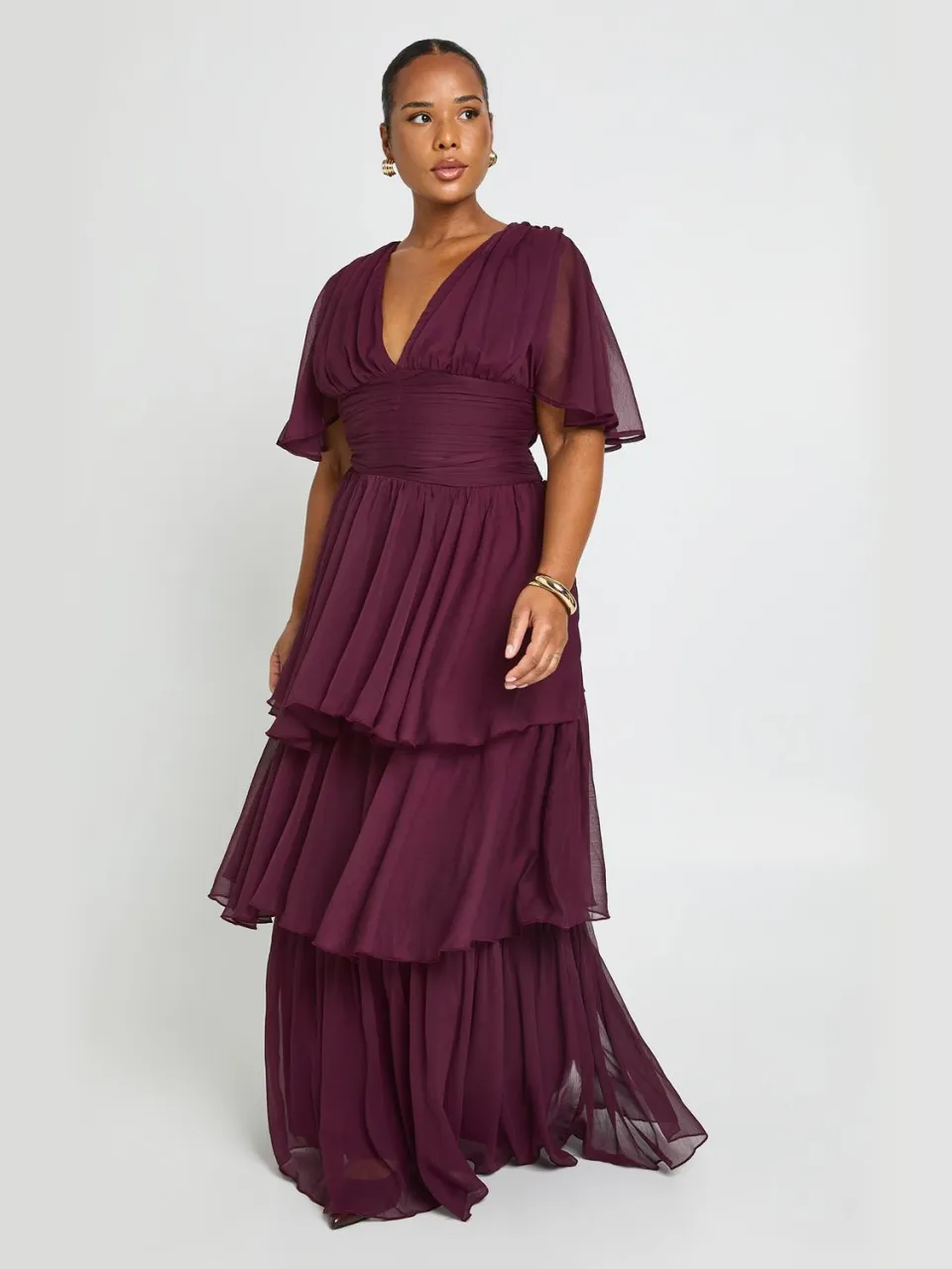boohoo Dames Plus Chiffon Gelaagde Maxi Jurk Met Diepe V-hals pruim, foto 2
