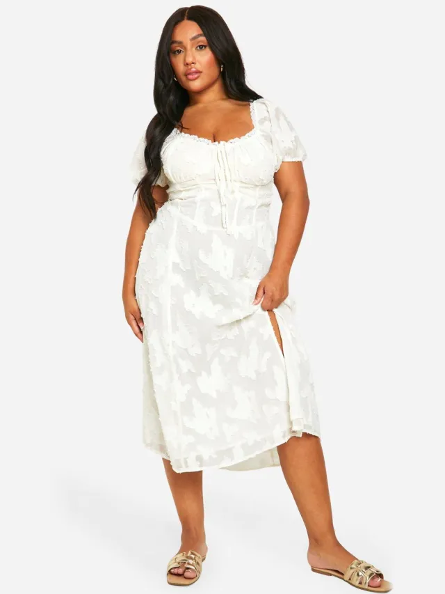boohoo Dames Plus Burnout Milkmaid Midi Jurk Wit