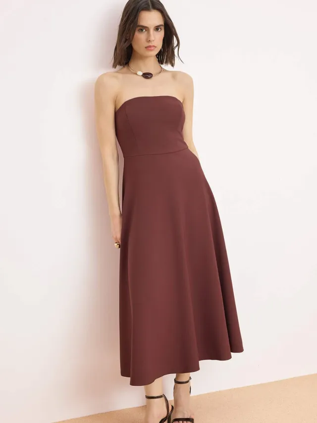 Trendyol TRENDYOLMİLLA Dames Bruin Effen Midi Mouwloos Stijlvol/Avond Skater Jurken