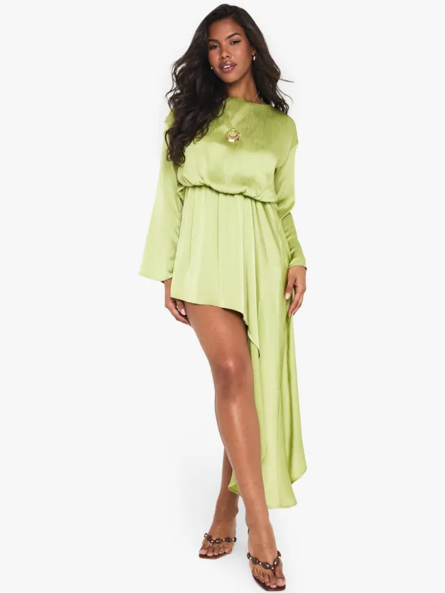 boohoo Dames Bootkraag Blouson Gedrapeerde Mini Jurk Limoen