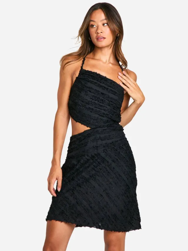 boohoo Dames Hoge getextureerde chiffon ruche mini-jurk Zwart