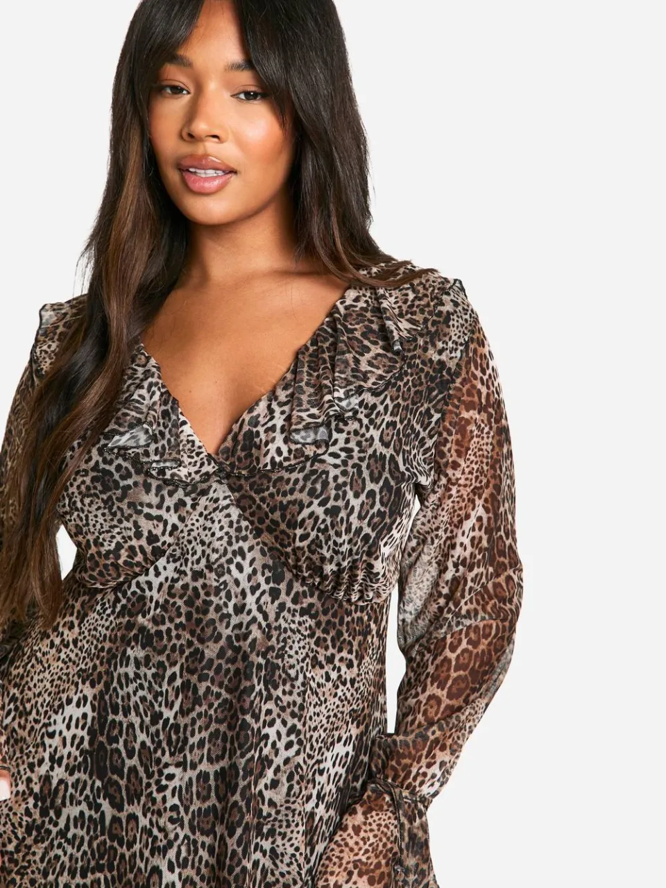 boohoo Dames Plusmaat Luipaard Ruffle Smock Jurk luipaardprint, foto 4