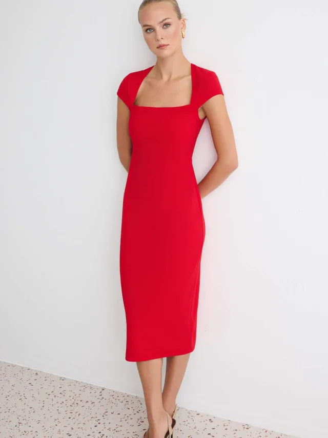 Trendyol TRENDYOLMİLLA Dames Rood Effen Midi Kort Bodycon Jurken