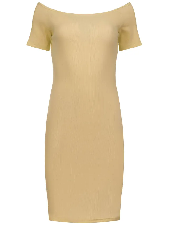 Conquista Elegante Beige Off-Shoulder Geribbelde Midijurk