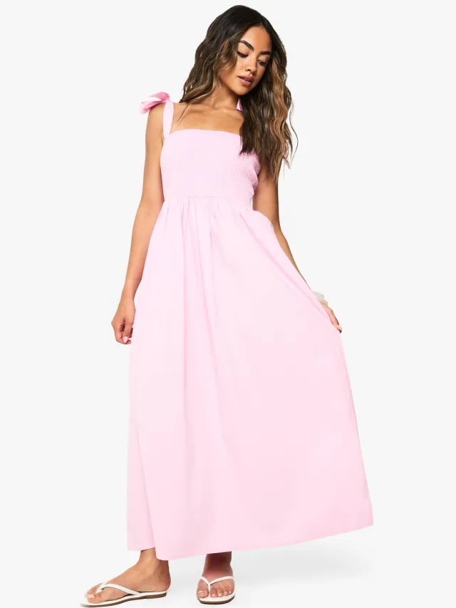 boohoo Dames Maxi-jurk van poplin met geraffeld lijf en bandjes om vast te knopen Roze