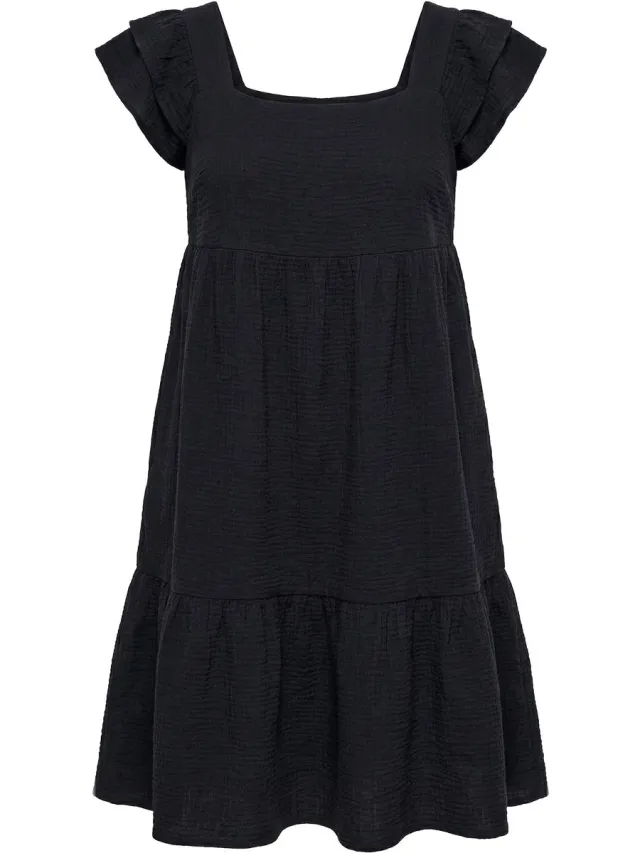 Angel of Style Dames - Mousseline jurk vierkante hals volants - Zwart