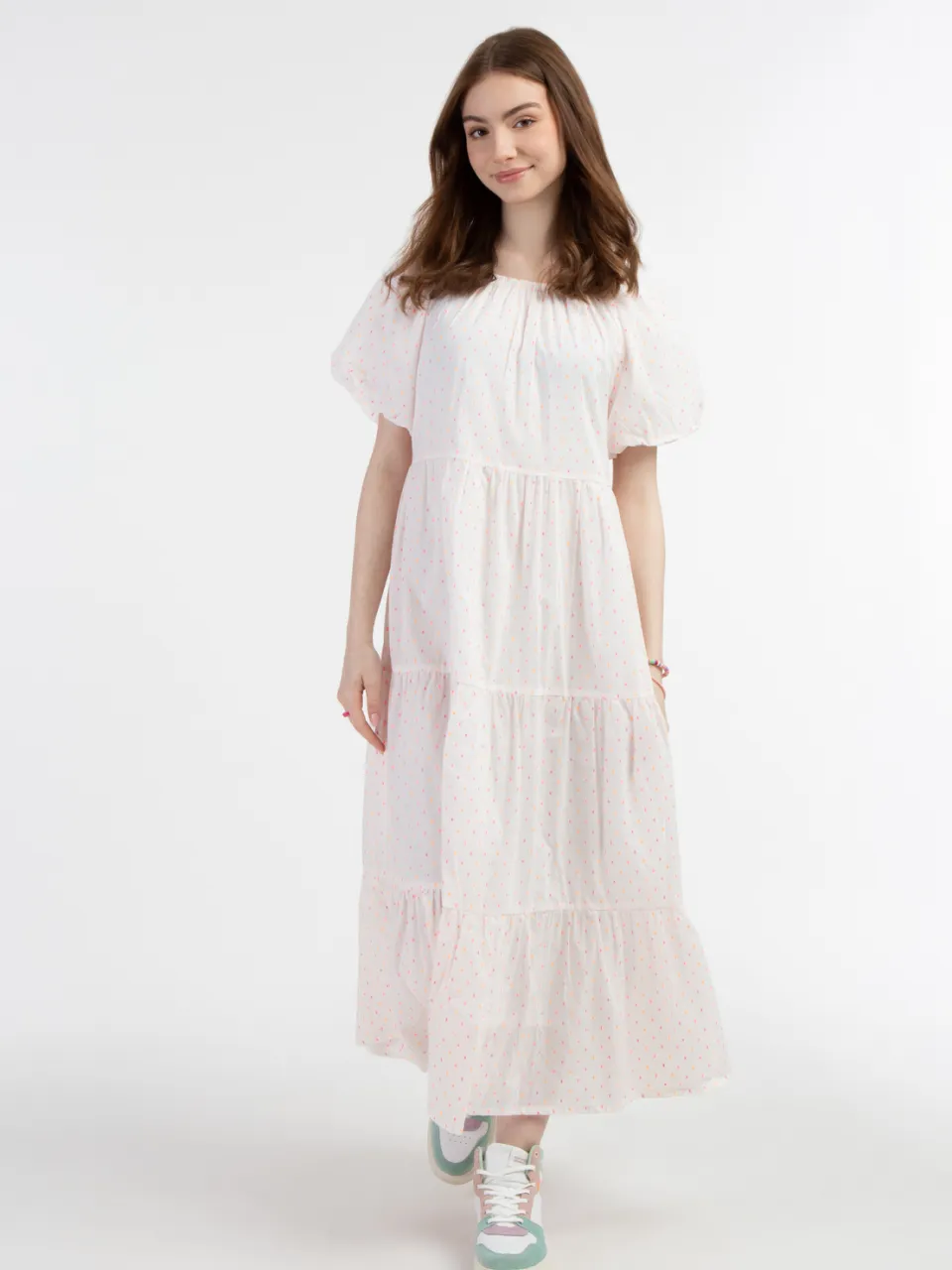 Mymo Maxi jurk Dames Wit roze oranje stippen