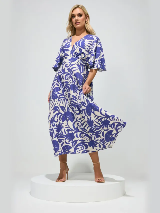 Yours London Blauwe Wikkeljurk Met Bloemenprint En Linnen Look Blue