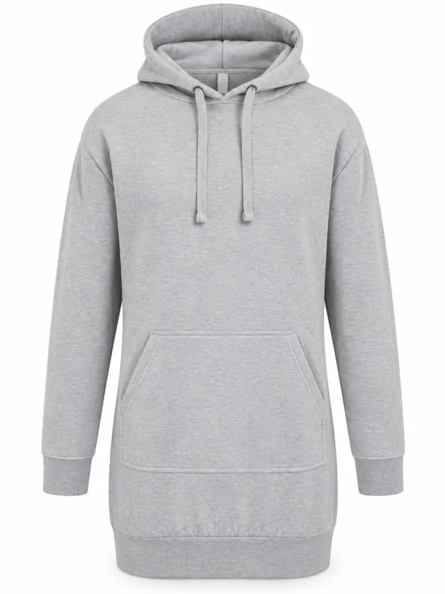 modemix Sweatjurk Dames - Trui Jurk Dames - Lange Sweatshirt met Capuchon en Kangoeroezak – Grijs –