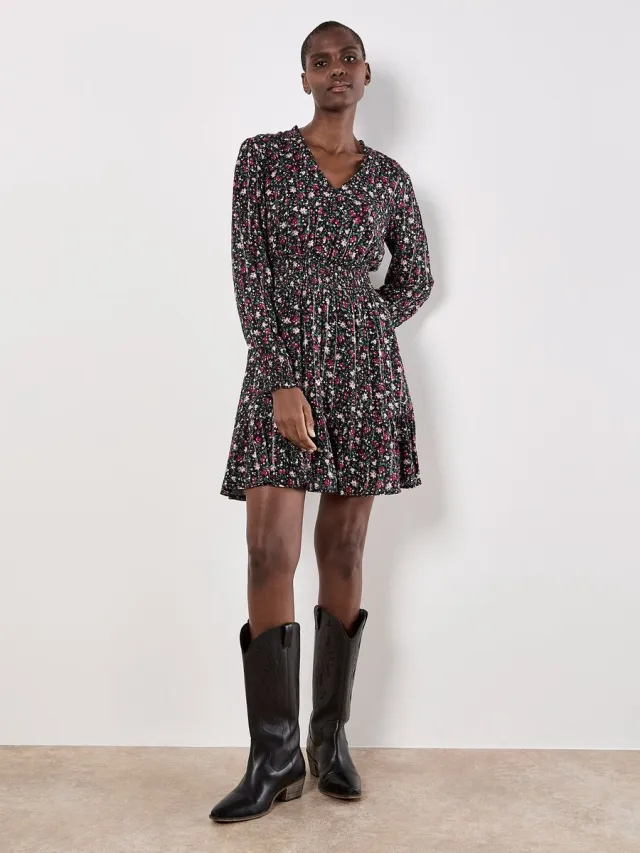 Apricot Mini-jurk met kleine bloemenprint en glans zwart