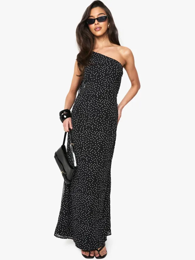 boohoo Dames Polkadot Chiffon Draperende Maxi Jurk Zwart