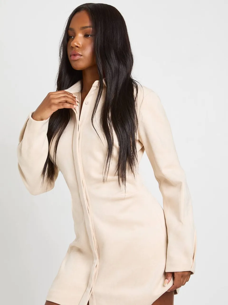 boohoo Dames Mini-jurk in nep-suede met gesnoerde taille en kraag steen, foto 3