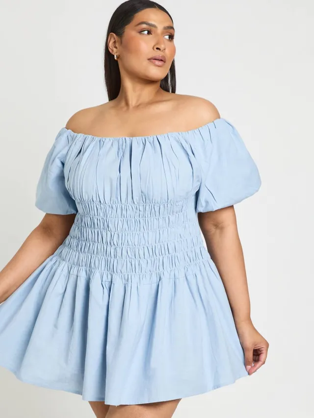 boohoo Dames Plus Linnen-look Mini Jurk Met Pofmouwen En Gerimpelde Bovenkant pastelblauw, foto 3