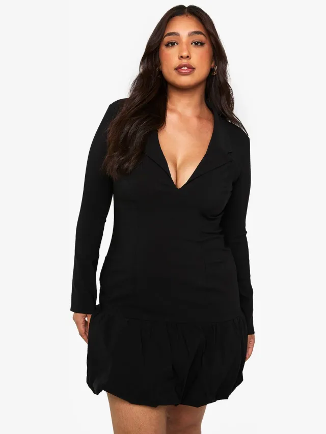 boohoo Dames Plus Boxy Puff Hem Blazer Jurk Zwart