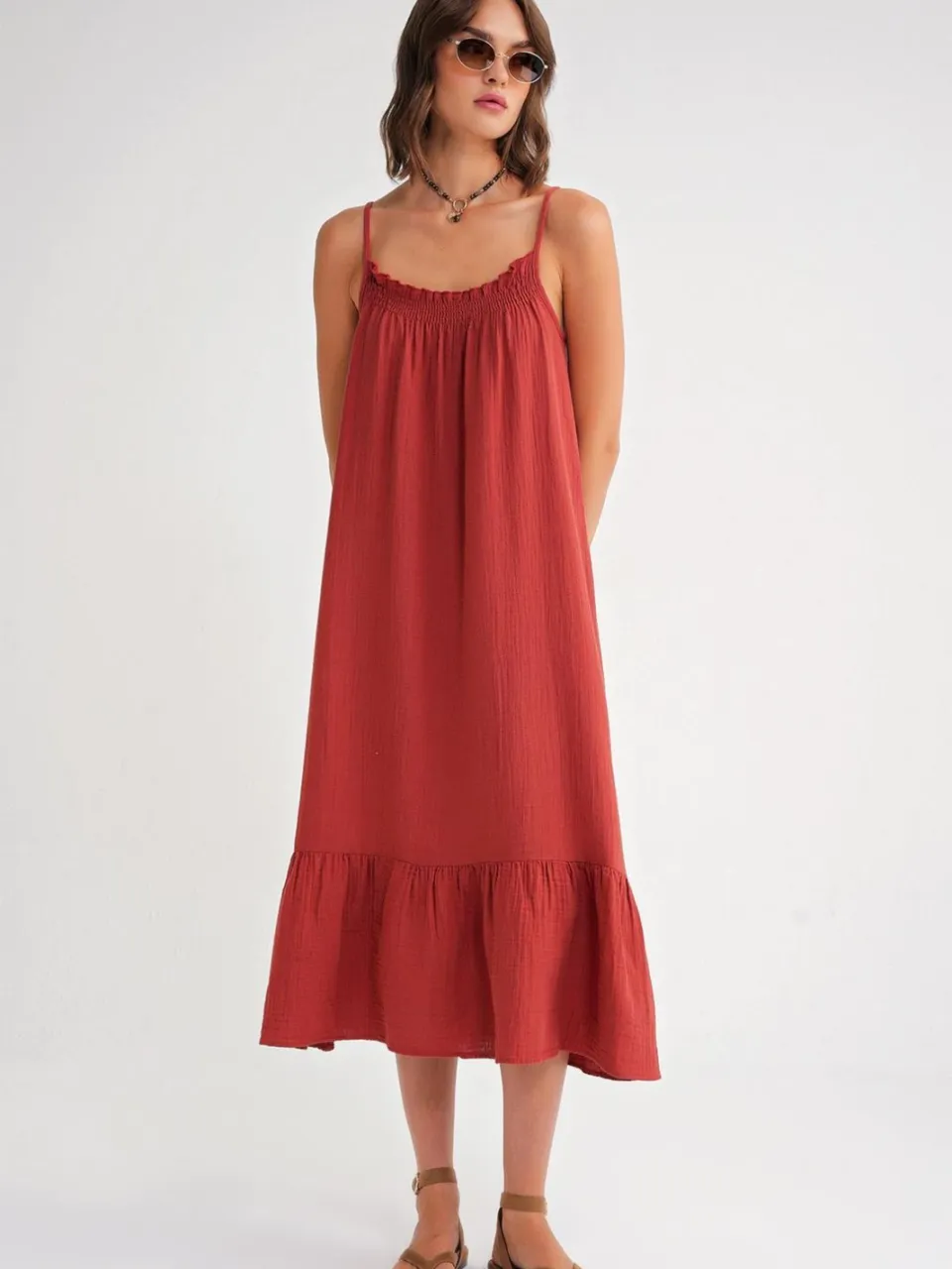 Mixray Midi Musselin Jurk met Rimpeldetails donkerrood, foto 2