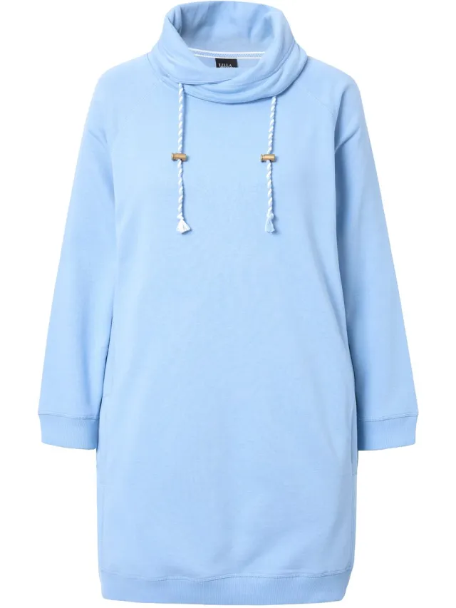 Ulla Popken Dames - Sweatjurk opstaande kraag lange mouw zakken - Lichtblauw - Maat 54+